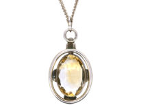 Art Deco Silver Pendant set with a Large Oval Citrine on Silver Chain