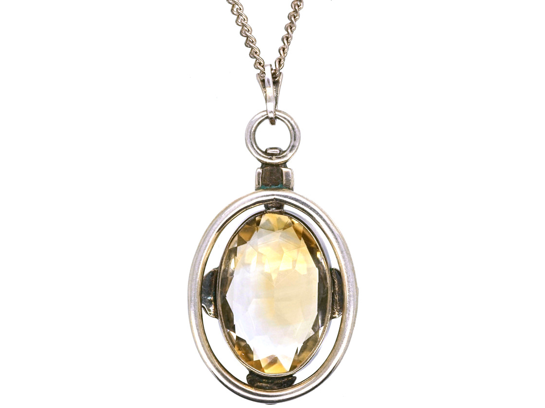 Art Deco Silver Pendant set with a Large Oval Citrine on Silver Chain ...