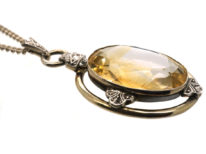 Art Deco Silver Pendant set with a Large Oval Citrine on Silver Chain