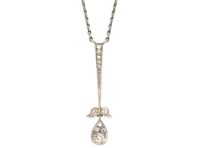 Art Deco Platinum & 15ct Gold Diamond Flower Drop Pendant on Chain