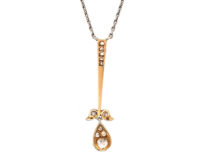 Art Deco Platinum & 15ct Gold Diamond Flower Drop Pendant on Chain