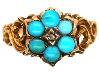 Georgian 15ct Gold Turquoise & Rose Diamond “Forget Me Not” Flower Ring