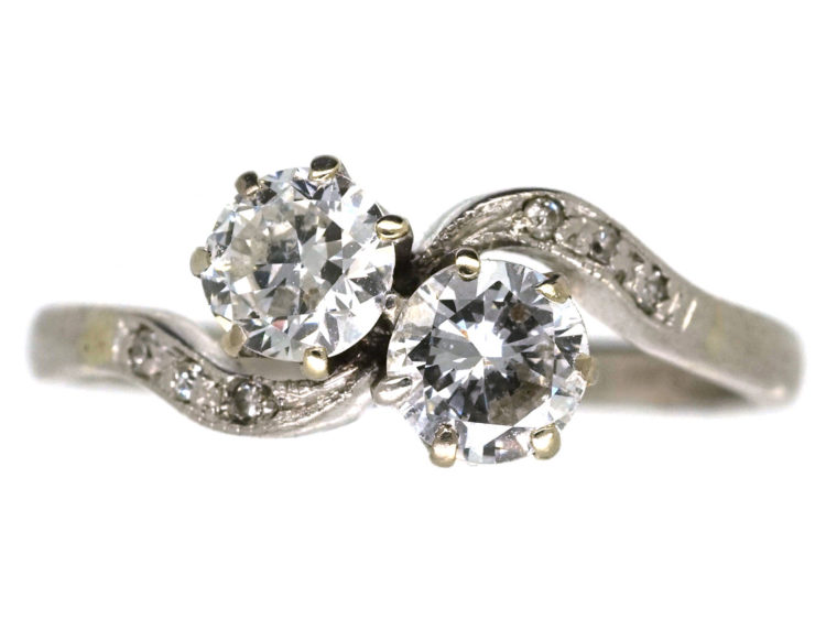 Edwardian Platinum, Two Stone Diamond Crossover Ring With Diamond Set Shoulders