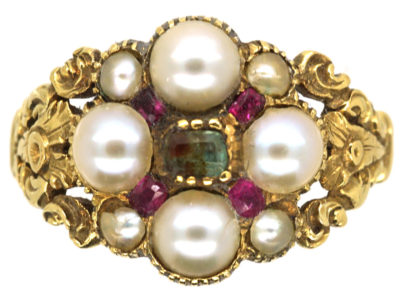 15ct Gold Regency Emerald, Natural Split Pearl & Ruby Cluster Ring