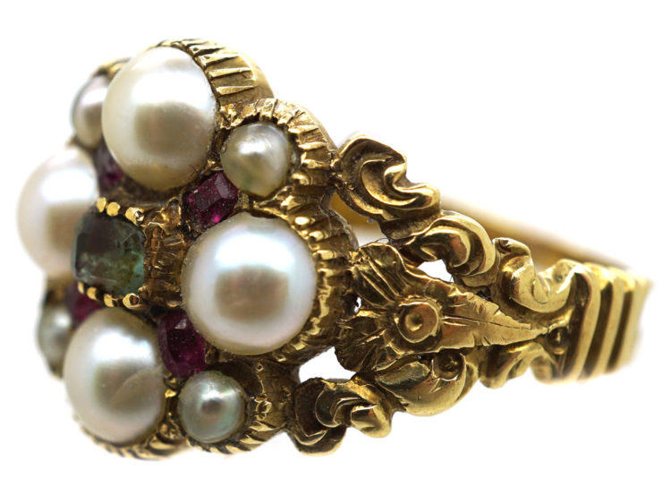 15ct Gold Regency Emerald, Natural Split Pearl & Ruby Cluster Ring