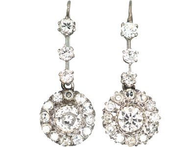 Edwardian 18ct White Gold & Diamond Cluster Drop Earrings