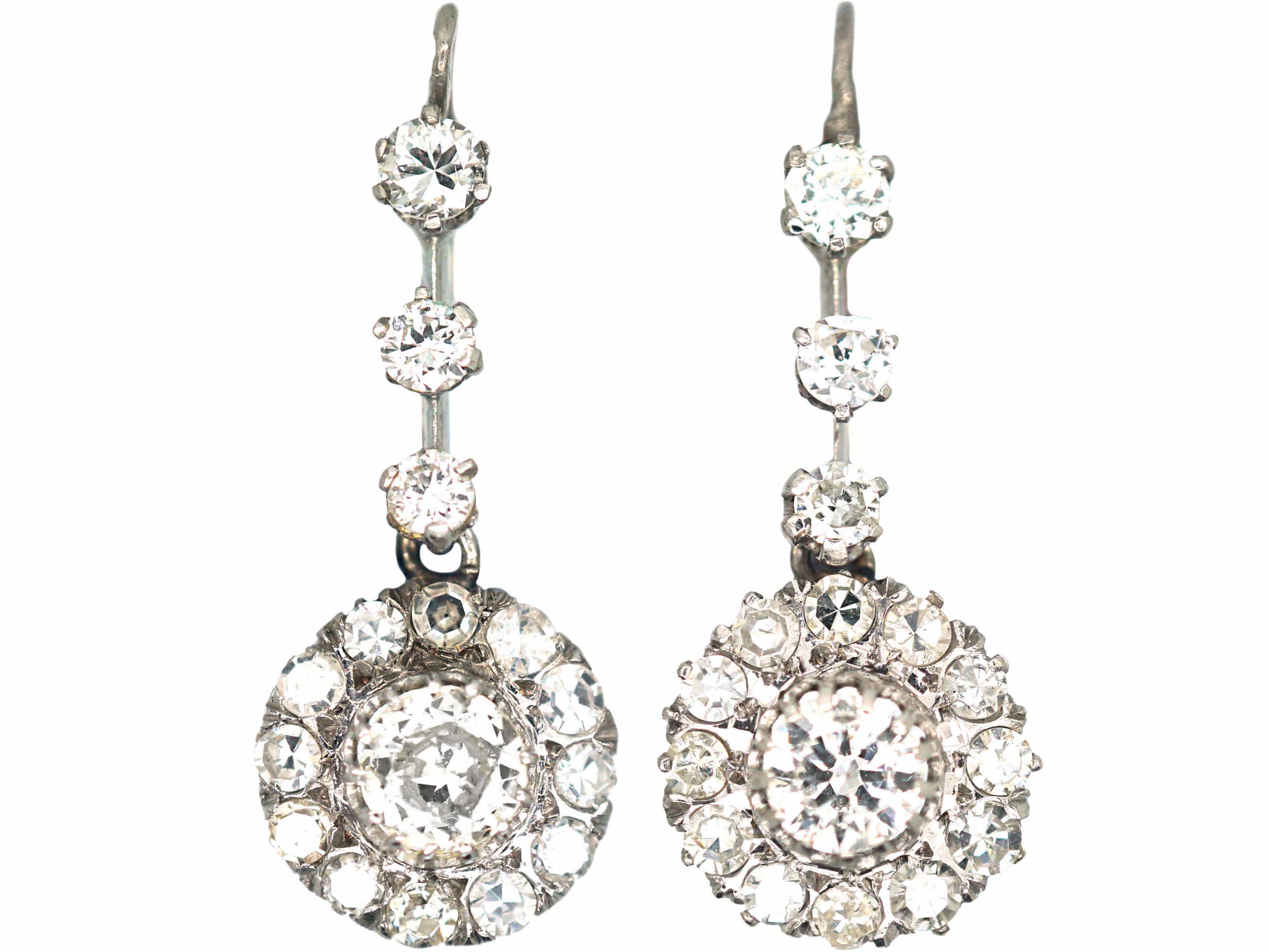 Edwardian 18ct White Gold & Diamond Cluster Drop Earrings (640L) | The ...