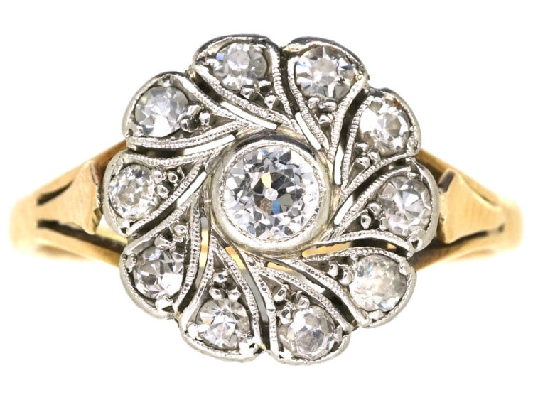 Edwardian 18ct Gold & Platinum Diamond Swirly Cluster Ring