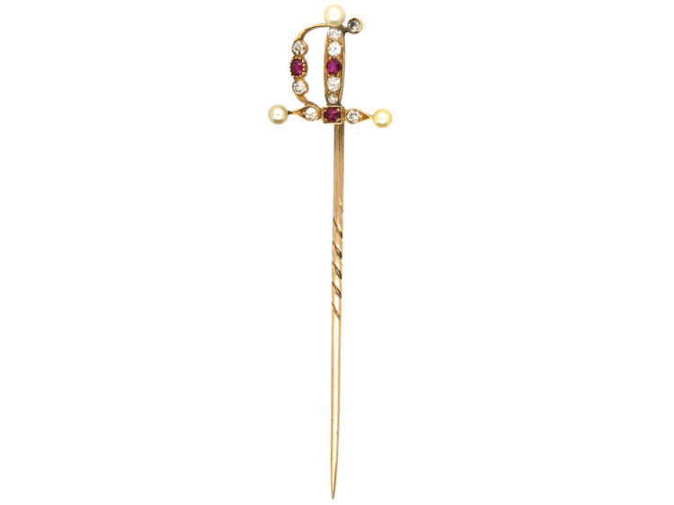 Edwardian 15ct Gold, Ruby Diamond & Natural Pearl Sword Tie Pin