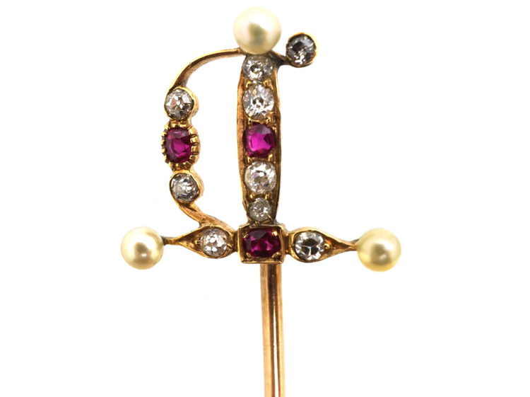 Edwardian 15ct Gold, Ruby Diamond & Natural Pearl Sword Tie Pin