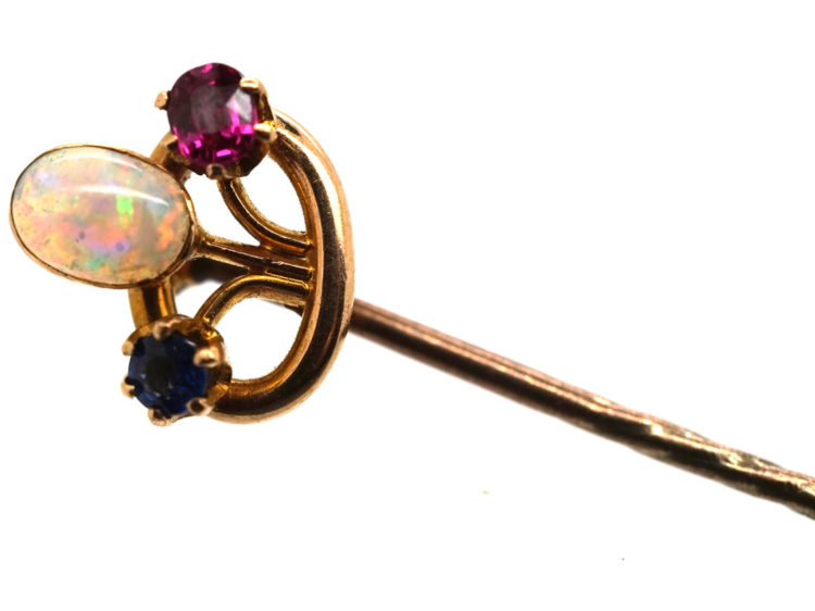 Edwardian 15ct Gold Tie Pin set with an Opal, Sapphire & Ruby