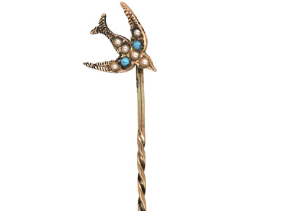 Edwardian 9ct Gold Swallow Tie Pin set with Turquoise & Natural Split Pearls by Murrle Bennett & Co