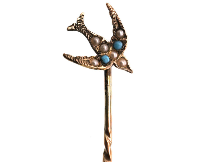 Edwardian 9ct Gold Swallow Tie Pin set with Turquoise & Natural Split Pearls by Murrle Bennett & Co