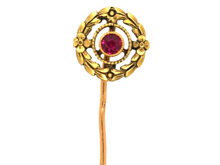 French Belle Epoque 18ct Gold & Ruby Wreath Tie Pin