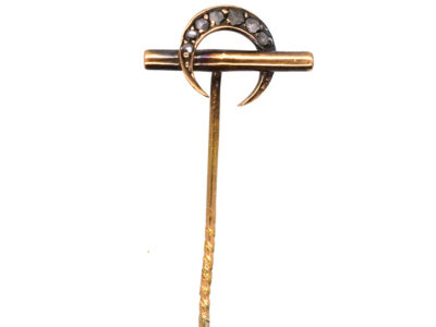 Edwardian 18ct Gold, Rose Diamond Crescent Moon & Bar Tie Pin