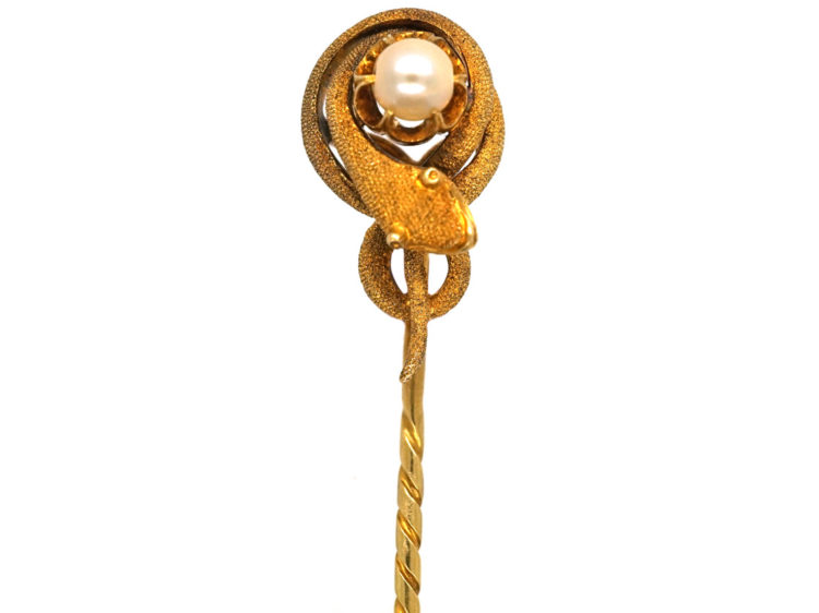 Victorian 18ct Gold Snake Tie Pin With Natural Pearl