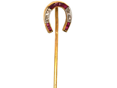 Edwardian 15ct Gold Ruby & Rose Diamond Horse Shoe Tie Pin