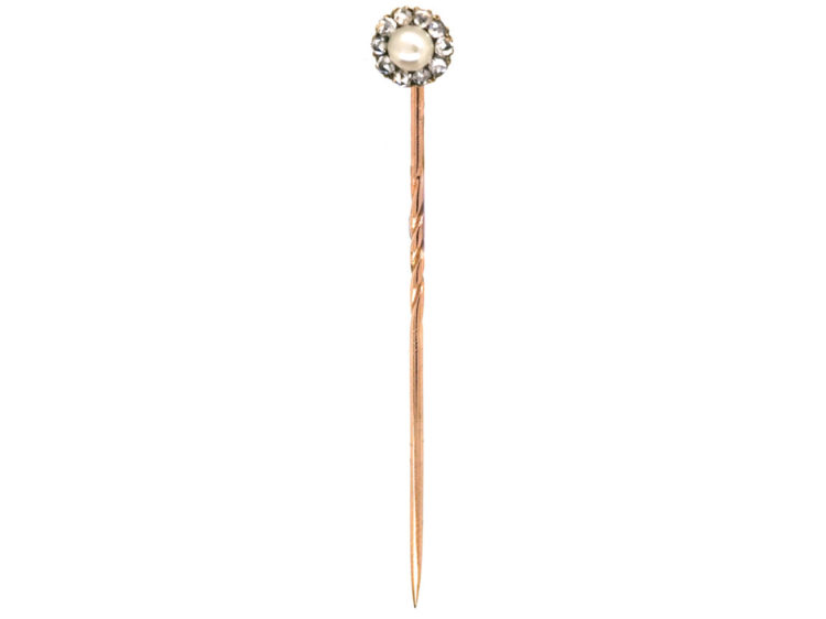 Victorian 18ct Gold, Rose Diamond & Natural Pearl Tie Pin