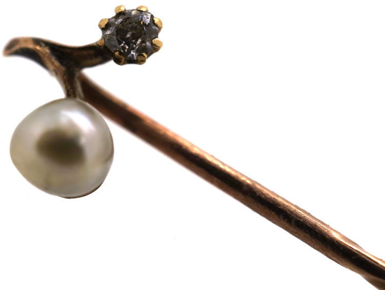Edwardian Diamond & Natural Pearl Sprig Tie Pin