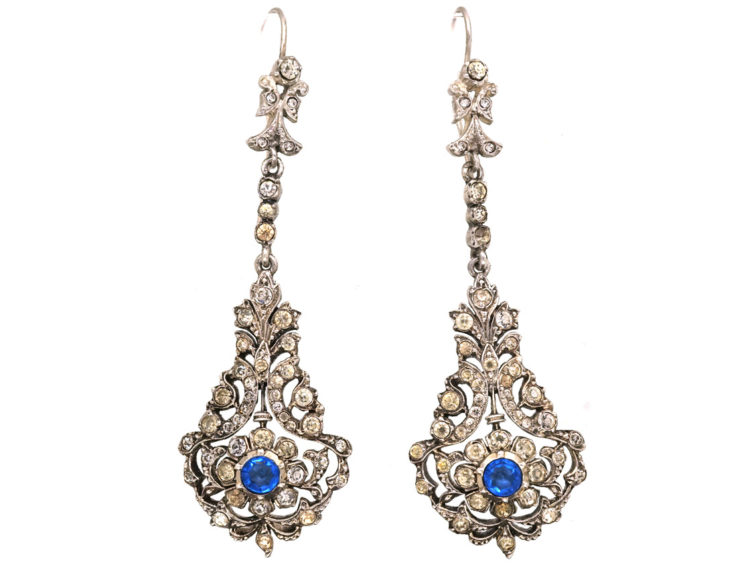 Edwardian Silver, Blue & White Paste Long Drop Earrings