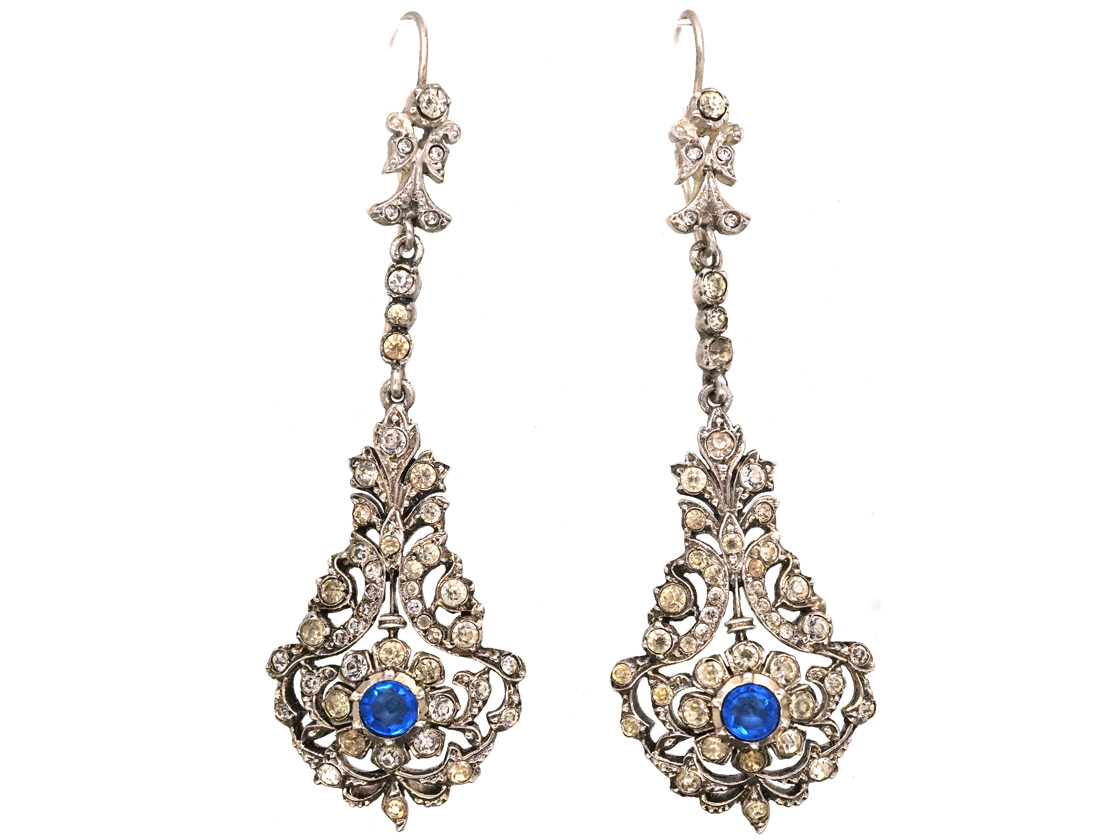 Edwardian Silver, Blue & White Paste Long Drop Earrings (750L) | The ...