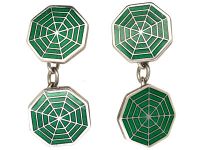 Silver & Green Enamel Octagonal Spider’s Web Cufflinks