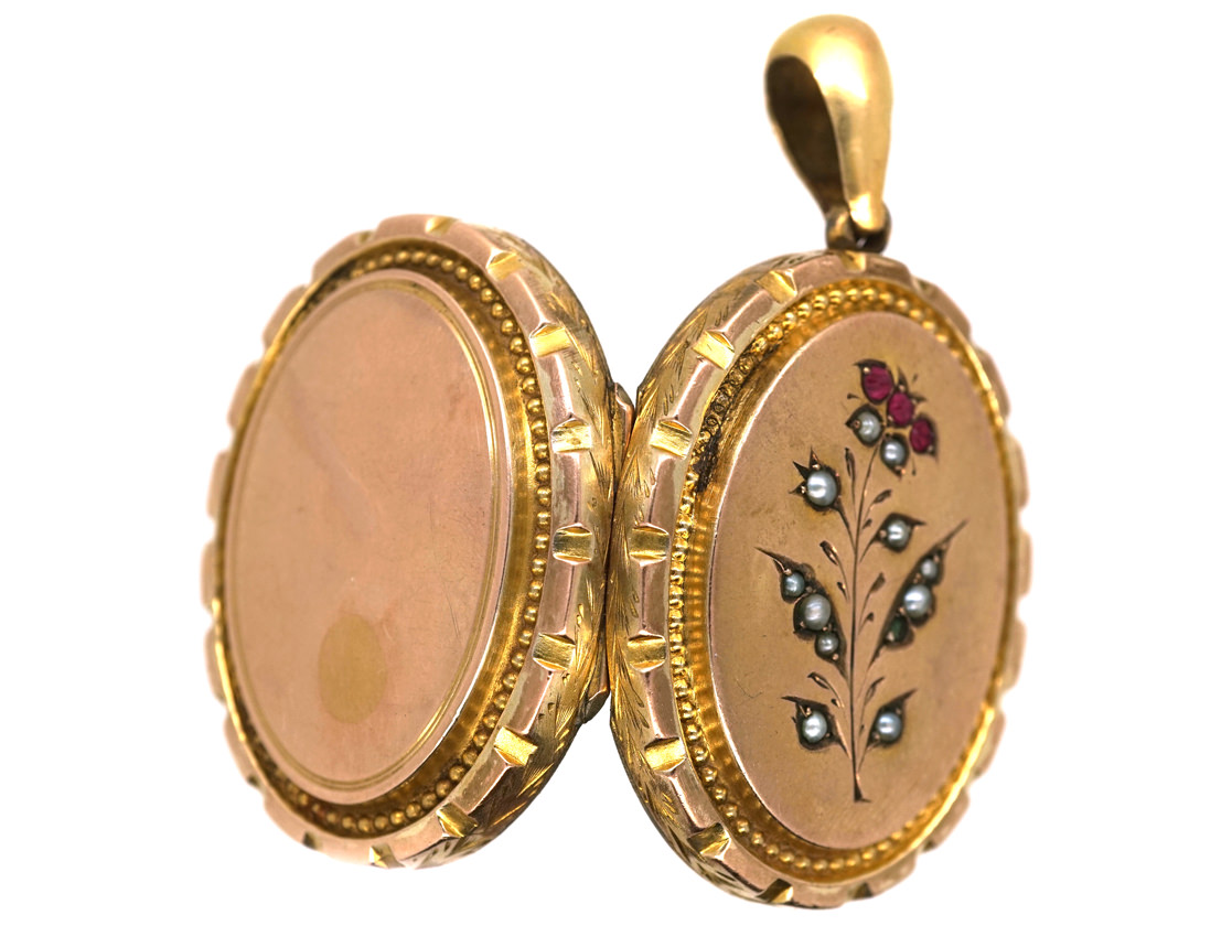 Edwardian 9ct Gold Back & Front Oval Locket set with Red Paste & Pearls ...