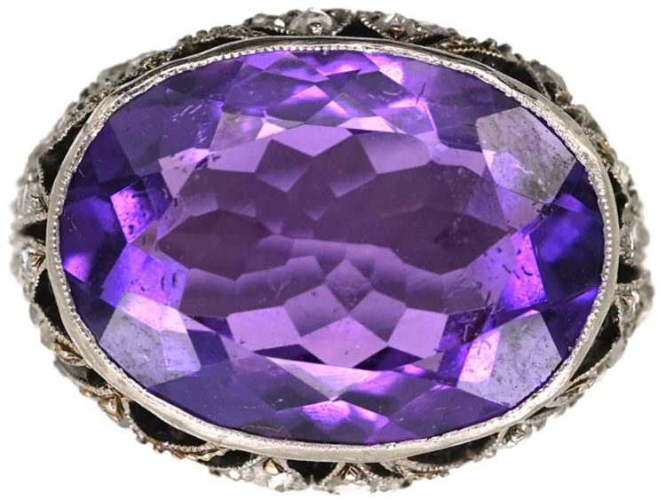 French Art Deco Platinum, Rose Diamond & Large Oval Amethyst Ring