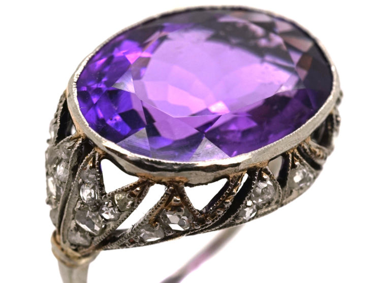 French Art Deco Platinum, Rose Diamond & Large Oval Amethyst Ring