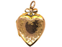 Edwardian 9ct Gold Back & Front Heart Shaped Locket with Swallow & Flowers Motif