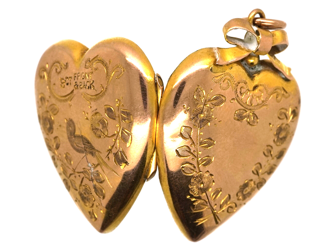 Edwardian 9ct Gold Back & Front Heart Shaped Locket with Swallow