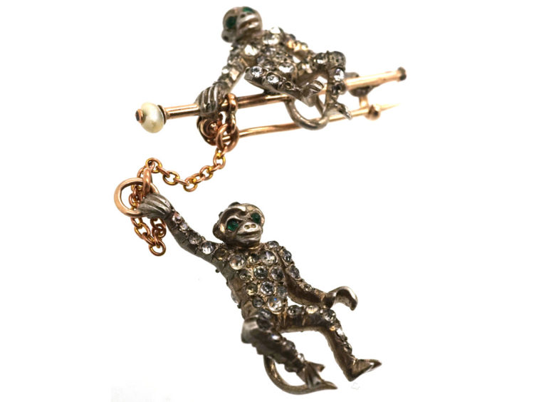 Edwardian Silver & Gold Novelty Brooch of Two Monkeys