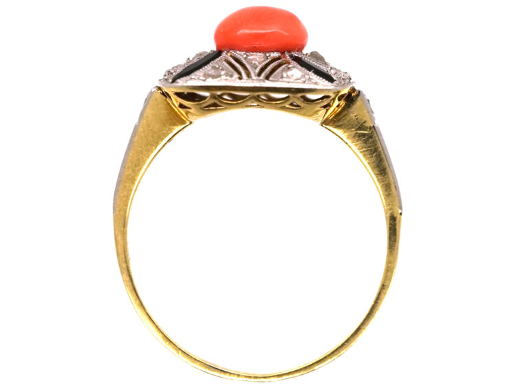 Art Deco 18ct Gold, Platinum, Coral, Onyx & Rose Diamond Ring