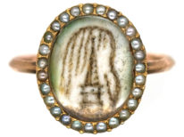 Georgian 9ct Gold & Natural Split Pearl Hair Miniature Mourning Ring with a Monument & Willow Tree