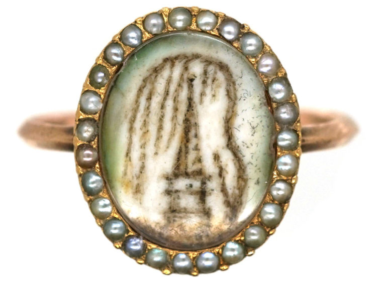 Georgian 9ct Gold & Natural Split Pearl Hair Miniature Mourning Ring with a Monument & Willow Tree
