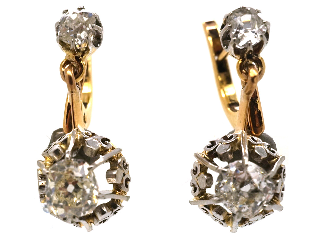 French 18ct Gold Two Stone Diamond Drop Earrings (774L) | The Antique ...