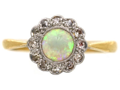 Edwardian 18ct Gold & Platinum, Opal & Diamond Cluster Ring