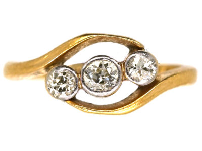 Edwardian 18ct Gold, Platinum, Three Stone Diamond Crossover Ring