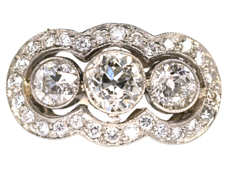 Art Deco 18ct Gold & Platinum Three Stone Diamond Ring with Diamond Border