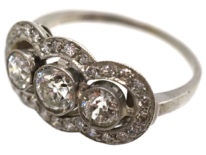 Art Deco 18ct Gold & Platinum Three Stone Diamond Ring with Diamond Border