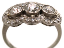Art Deco 18ct Gold & Platinum Three Stone Diamond Ring with Diamond Border