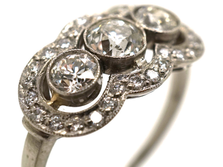 Art Deco 18ct Gold & Platinum Three Stone Diamond Ring with Diamond Border