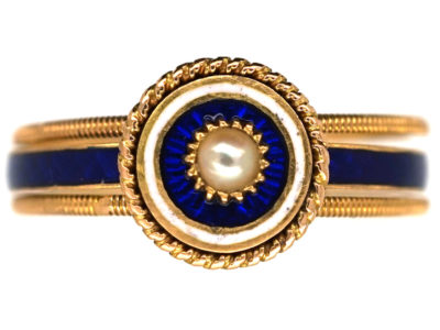 Georgian 18ct Gold, Triple Band, White & Royal Blue Enamel Ring with a Central Natural Split Pearl