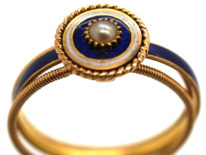 Georgian 18ct Gold, Triple Band, White & Royal Blue Enamel Ring with a Central Natural Split Pearl