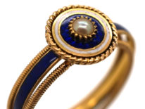Georgian 18ct Gold, Triple Band, White & Royal Blue Enamel Ring with a Central Natural Split Pearl