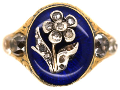 Georgian 18ct Gold, Royal Blue Enamel & Diamond Forget Me Not Ring