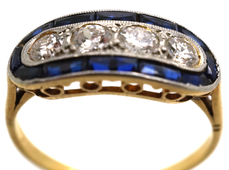 Art Deco 18ct Gold & Platinum, Sapphire & Diamond Boat Shaped Ring