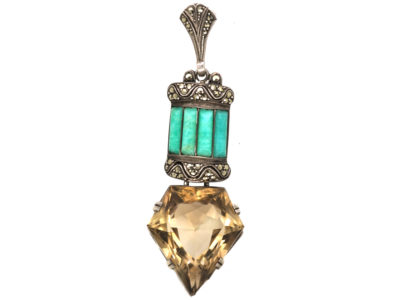 Art Deco Silver, Marcasite, Smoky Quartz & Amazonite Pendant by Theodor Fahrner