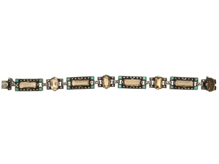 Art Deco Silver, Marcasite, Smokey Quartz & Amazonite Bracelet by Theodor Fahrner