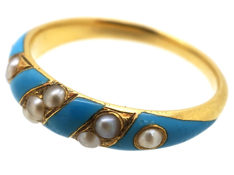 Regency 15ct Gold, Enamel & Natural Split Pearl Ring with Locket on Reverse